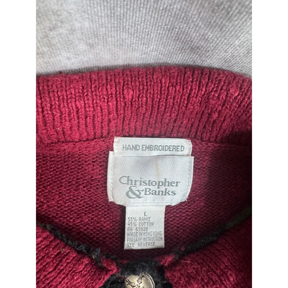 Christopher & Banks Vintage Black Bear Pine Tree Cardigan Sweater Burgundy L - Picture 2 of 6